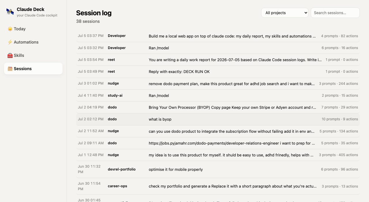 Searchable session log across projects
